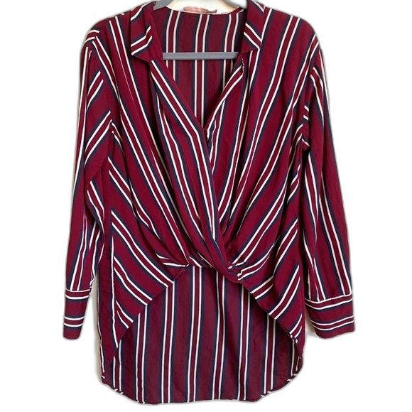 Zara Trafaluc burgundy blouse  Striped Long Sleeve Wrap Hi/Lo top size XS - Picture 1 of 10
